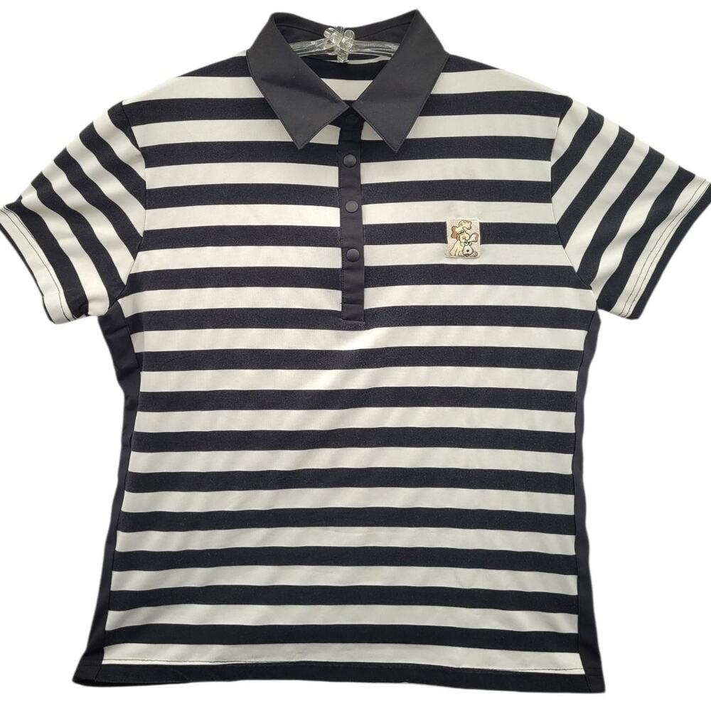 Womens Black White Striped Cotton Polo Shirt Cartoon Dog Korean Casual Cute